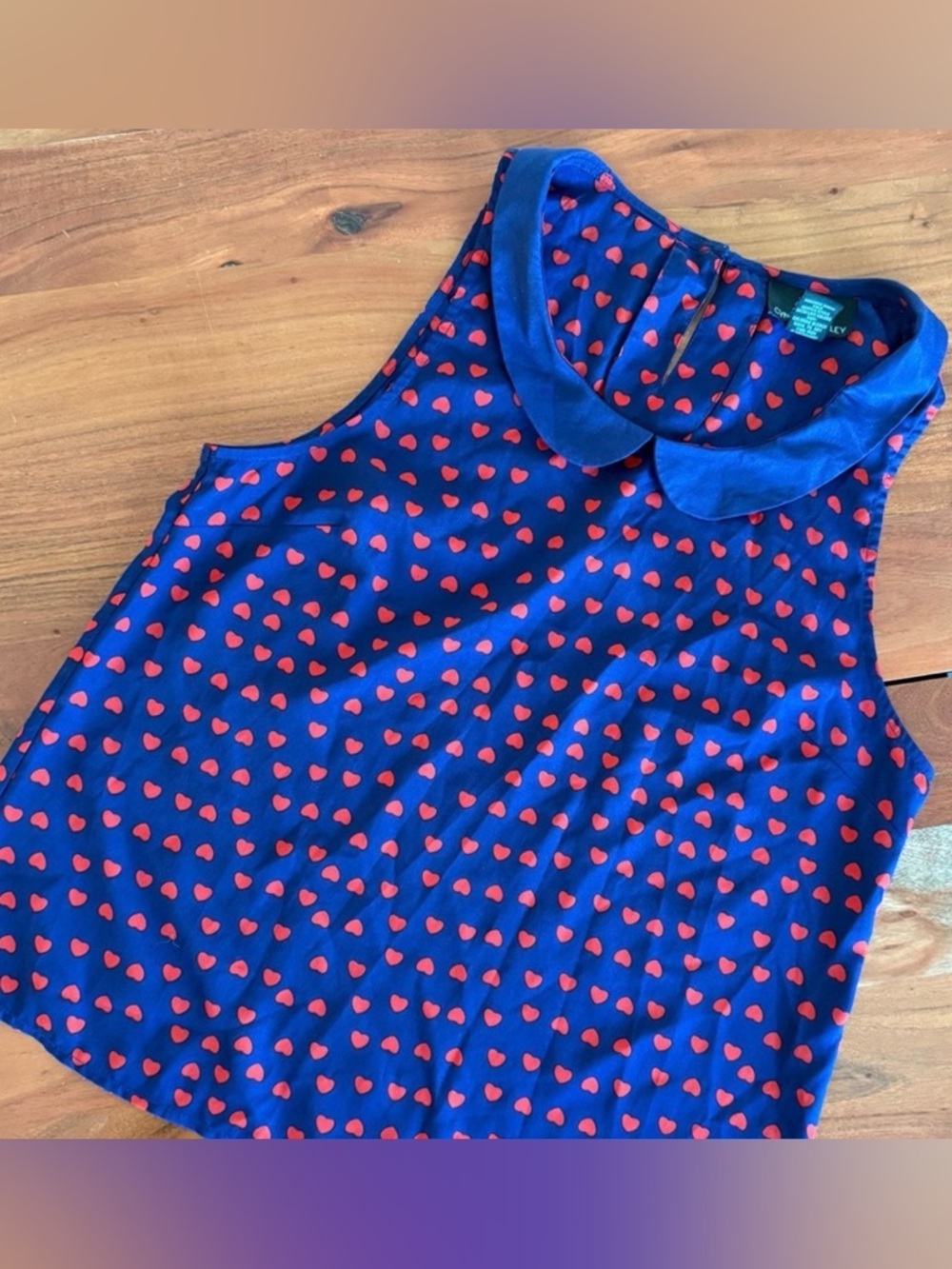 🦊 Cynthia Rowley Blue and Red Peter Pan Collar Heart Print Blouse